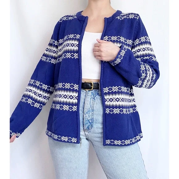 Vintage Retro Fair Isle Blue + White Printed Zip Up Knit Cardigan Sweater - Picture 3 of 12